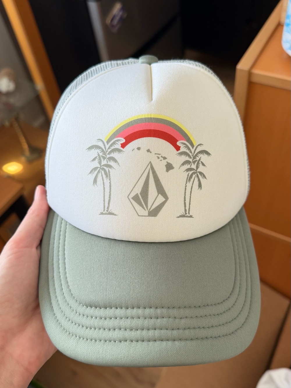 Volcom Hawaii Trucker Hat with Rainbow & Palm Graphic - White & Sage
